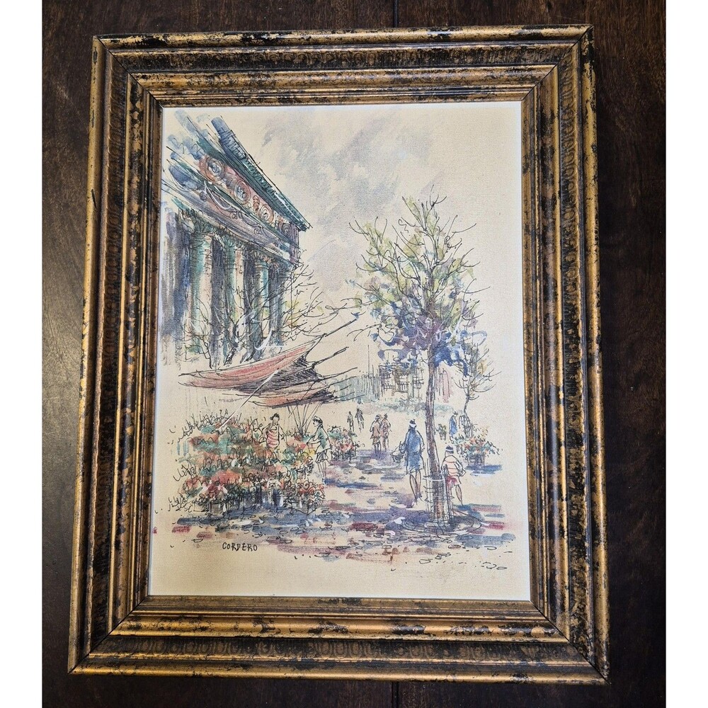 Cordero Parisian Market Watercolor Painting Signed Framed 1980 Art Decor Vintage